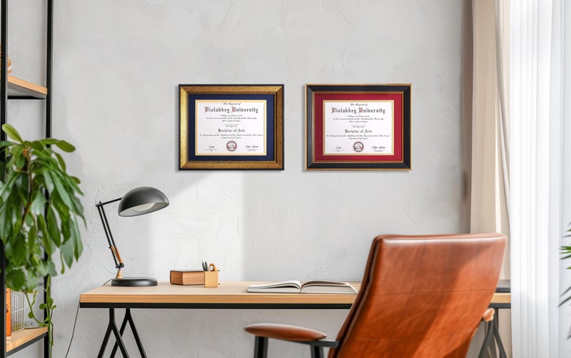 VIOLABBEY 8.5x11 Diploma Frame Black, 8.5 x 11 Certificate Frame with Mat or 11x14 College Degree Frames without Mat, Wall or Tabletop Display, Tempered glass (Red Gold Double Mat) - Image 5